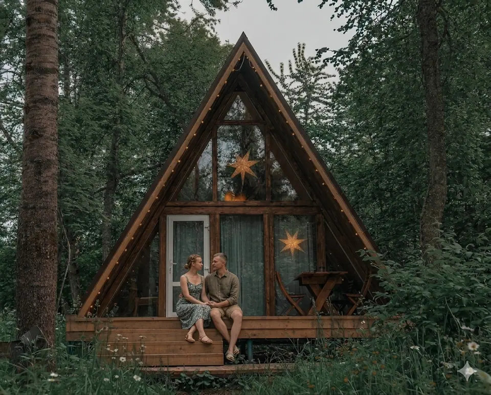 Домик A-фрейм в глэмпинге Sky Wood Hills в лесу с видом на озеро